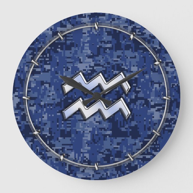 Aquarius Zodiac Symbol auf blauer Camouflage Dekor Große Wanduhr (Vorderseite)