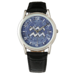 Aquarius Zodiac-Symbol auf der blauen Camouflage Armbanduhr