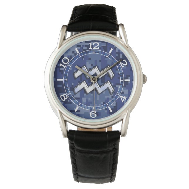 Aquarius Zodiac-Symbol auf der blauen Camouflage Armbanduhr (Vorderseite)