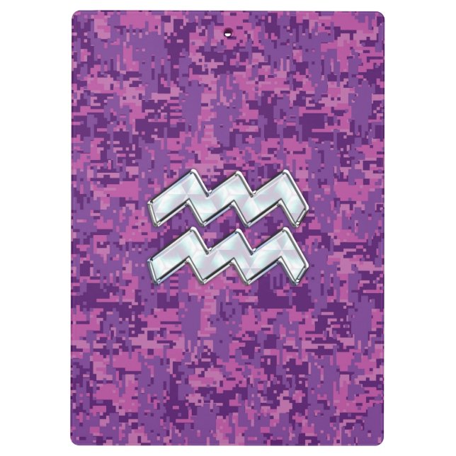 Aquarius Zodiac-Symbol auf fuchsiendigitaler Camou Klemmbrett (Rückseite)