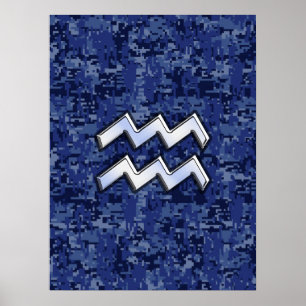 Aquarius Zodiac Symbol on Navy Digital Camouflage Poster