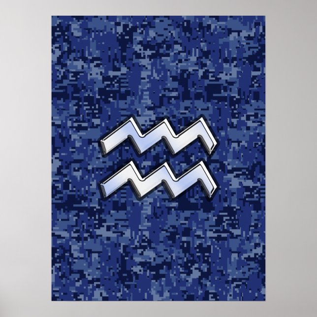 Aquarius Zodiac Symbol on Navy Digital Camouflage Poster (Vorne)