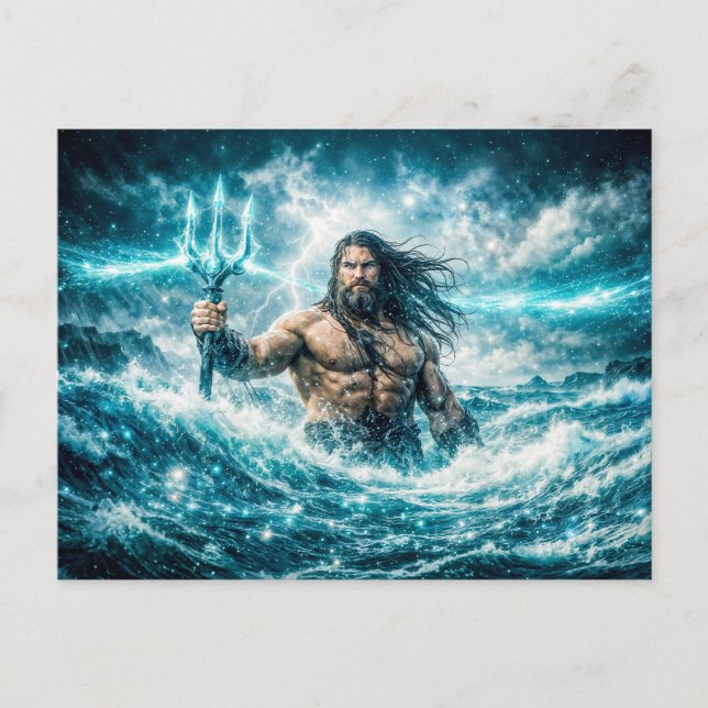 Aquarius Zodiac with Trident Warrior in Stormy Oce Postkarte (Vorderseite)