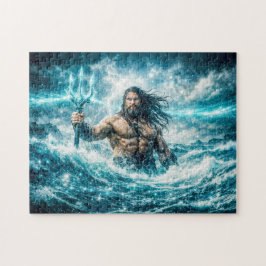 Aquarius Zodiac with Trident Warrior in Stormy Oce Puzzle