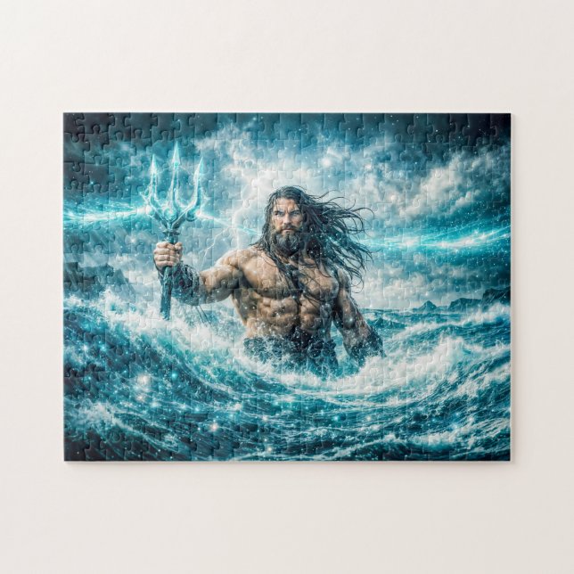 Aquarius Zodiac with Trident Warrior in Stormy Oce Puzzle (Horizontal)