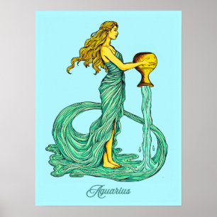 Aquarius Zodiac Zeichen, Frau mit fließendem Wasse Poster