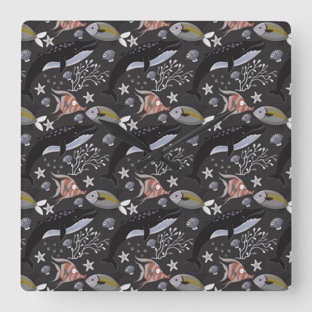 Aquatic animals pattern | ocean underwater life 20 quadratische wanduhr (Vorderseite)