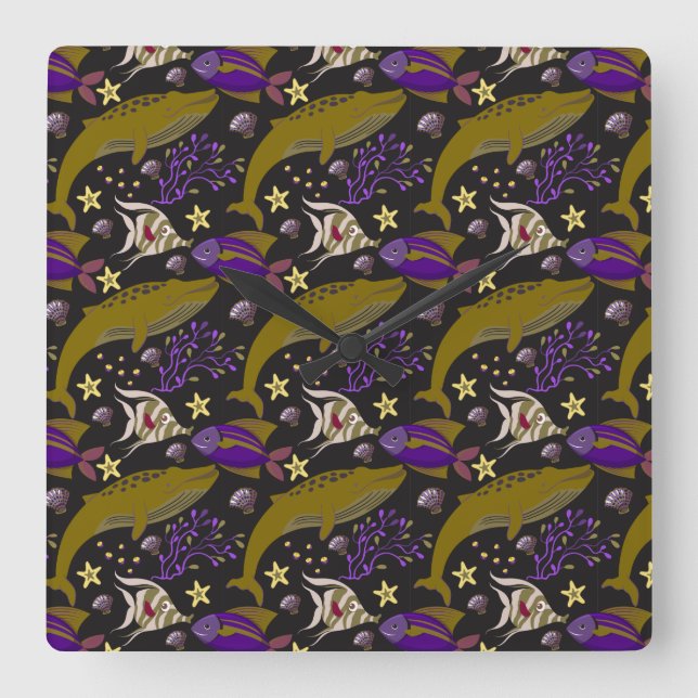 Aquatic animals pattern | ocean underwater life 25 quadratische wanduhr (Vorderseite)
