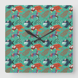 Aquatic animals pattern ocean underwater life 33 quadratische wanduhr