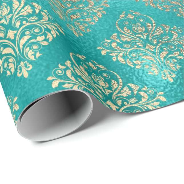 Aquatic Blue Gold Shiny Glass Damask Geschenkpapier (Rolleneckpunkt)