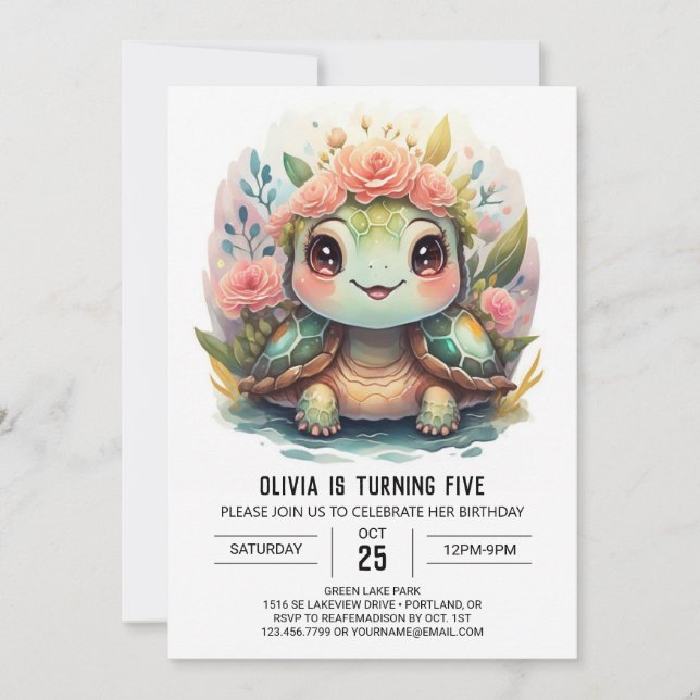Aquatic Custom Turtle Girl Birthday Einladung (Vorderseite)