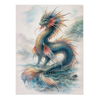 Aquatic Dragon Misty Waters Poster