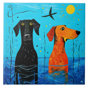 "Aquatic Duo of Joy" - surreal farbige Hunde Fliese
