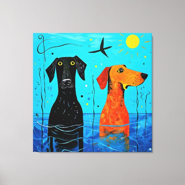 "Aquatic Duo of Joy" - surreal farbige Hunde Leinwanddruck (Vorderseite)