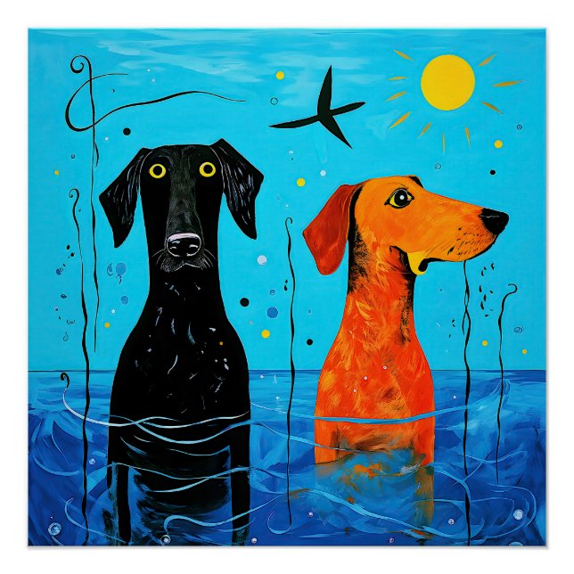 "Aquatic Duo of Joy" - surreal farbige Hunde Poster (Vorderseite)