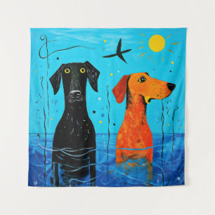 "Aquatic Duo of Joy" - surreal farbige Hunde Wandteppich
