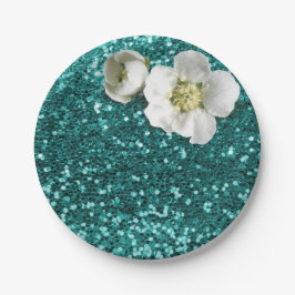 Aquatic Emerald Floral White Jasmine Glitzer Pappteller