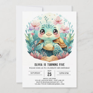 Aquatic Pink Turtle Girl Birthday Einladung