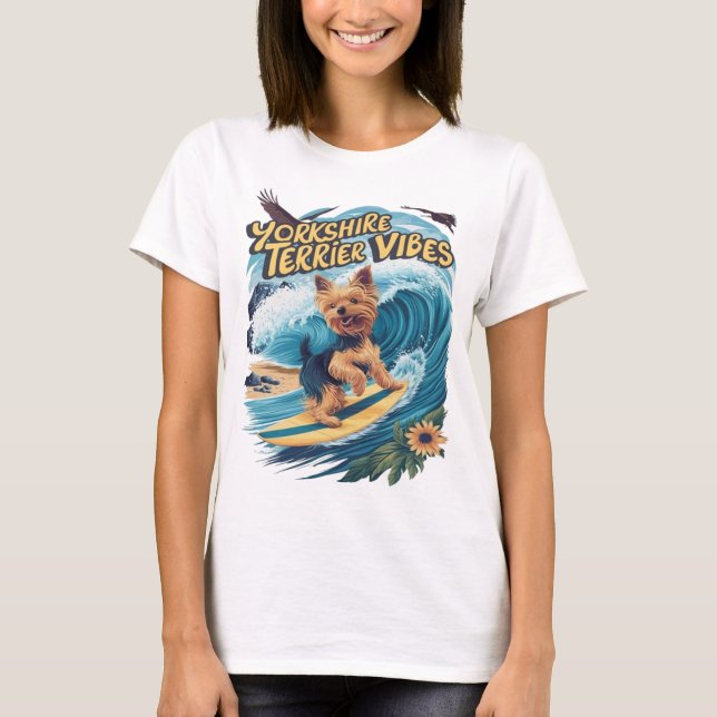 Aquatic Yorkshire Terrier Surfen in der Welle T-Shirt (Vorderseite)