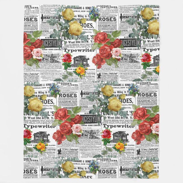 * AR23 Rose Blumenkohl-Blume Vintag Newsprint Fleecedecke (Vorderseite)