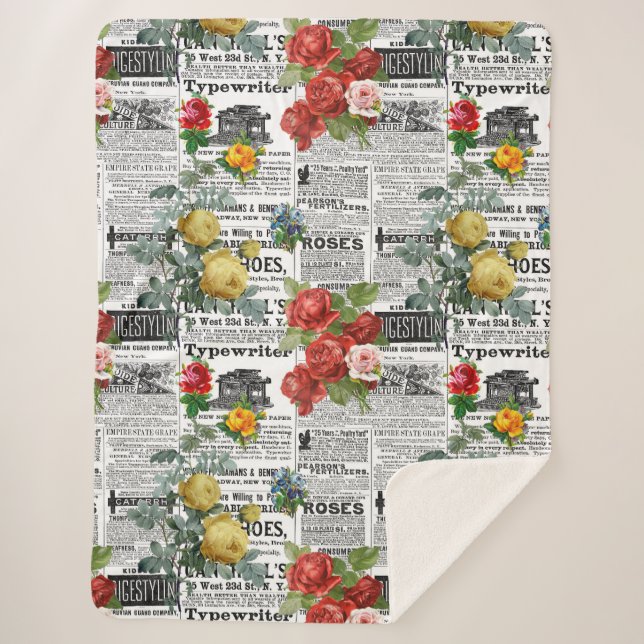 * AR23 Rose Blumenkohl-Blume Vintag Newsprint Sherpadecke (Vorderseite)