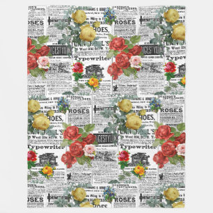 * AR23 Rosen Florale Blume Vintage-Zeitungsdruck Fleecedecke