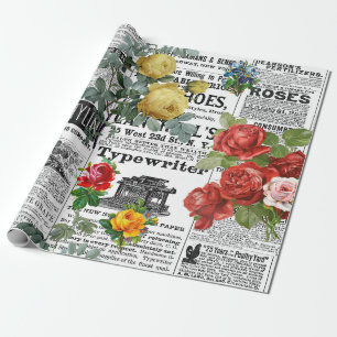 * AR23 Rosen Florale Blume Vintage Zeitungsdruck Geschenkpapier