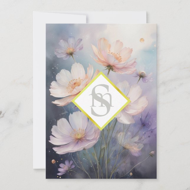 * AR26 Cosmos Blume Monogramm QR UAWG Wedding Einladung (Vorderseite)