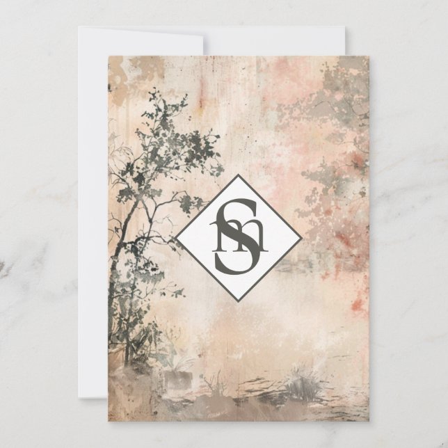 * AR26 Forest Mute Monogram QR UAWG Wedding Einladung (Vorderseite)