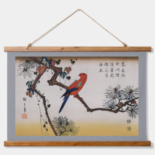 Ara auf Kiefernzweig, Hiroshige Wandteppich Mit Holzrahmen