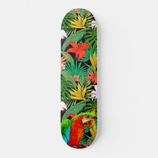 Ara & mehrfarbige Blumen  Skateboard (Vorderseite)