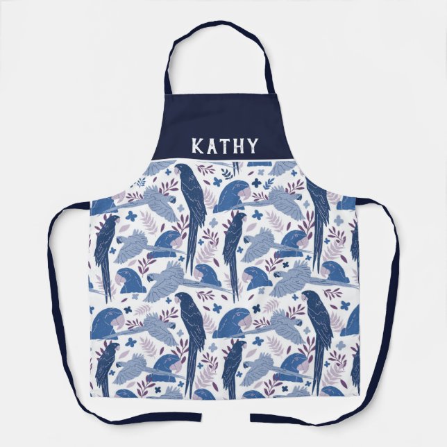 Ara Parrot Blau Pink tropisches Leaf Muster Name Schürze (Vorderseite)