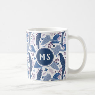 Ara Parrot Blaues tropisches Leaf Muster Monogramm Kaffeetasse