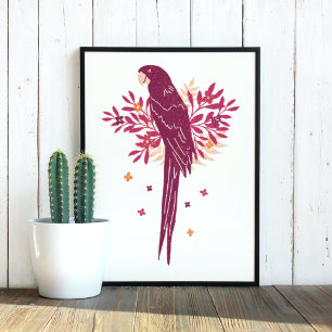 Ara Parrot Burgundy Red Tropical Leaves Drawing Poster