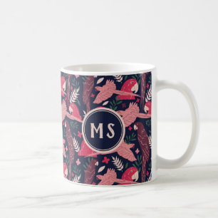 Ara Parrot Rosa tropisches Leaf Muster Monogramm Kaffeetasse