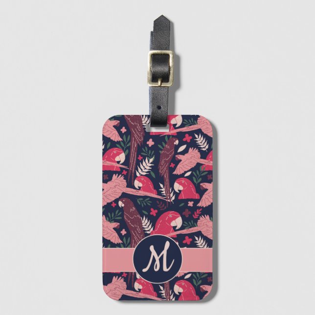 Ara Parrot Tropical Verlass Pattern Monogram Gepäckanhänger (Vorderseite Vertikal)