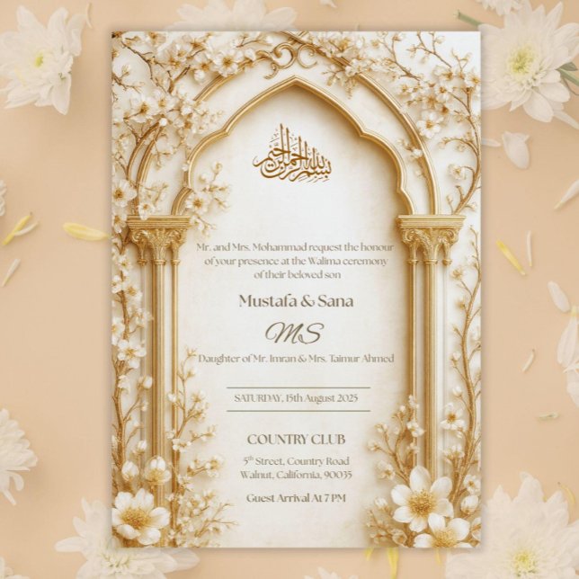 Arabesque Beige/Gold Arch Islamische digitale Flor Einladung (Von Creator hochgeladen)