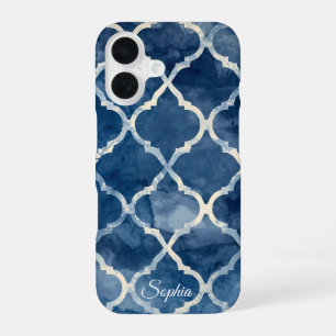 Arabesque-Gitter-Handyhülle – Blaue Wasserfarbe Ge iPhone 16 Hülle