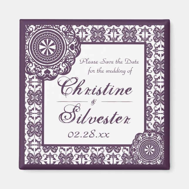 Arabesque Lila Spitze, quadratisch Save the Date Magnet (Vorne)