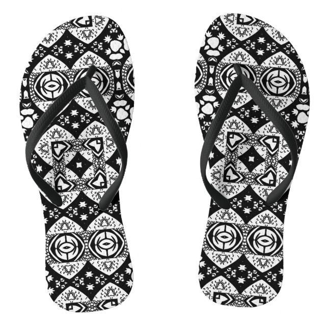 Arabesque Mosaik Fliesenmuster Schwarz-Weiß Flip Flops (Fußbett)