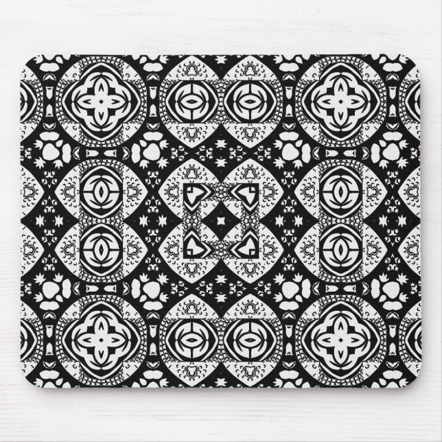 Arabesque Mosaik Fliesenmuster Schwarz-Weiß Mousepad (Vorne)