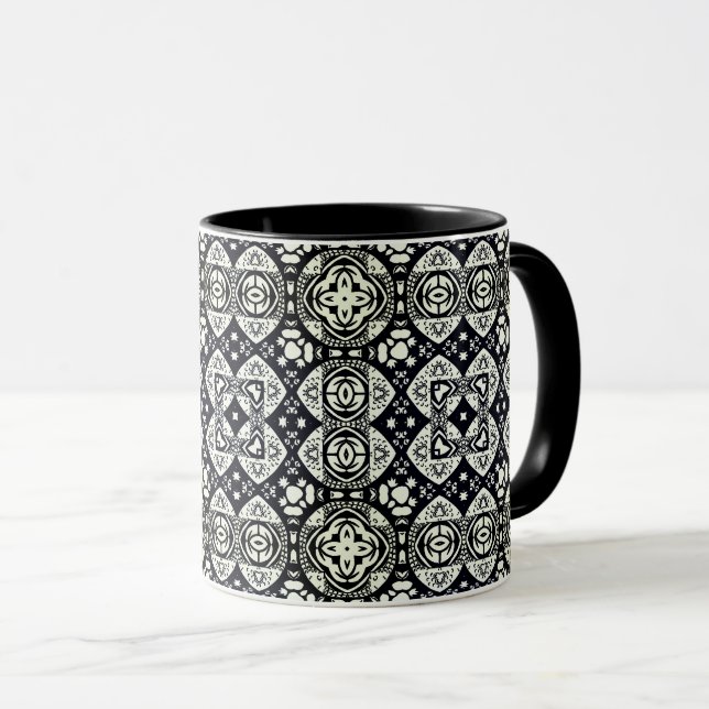Arabesque Mosaik Fliesenmuster Schwarz-Weiß Tasse (VorderseiteRechts)