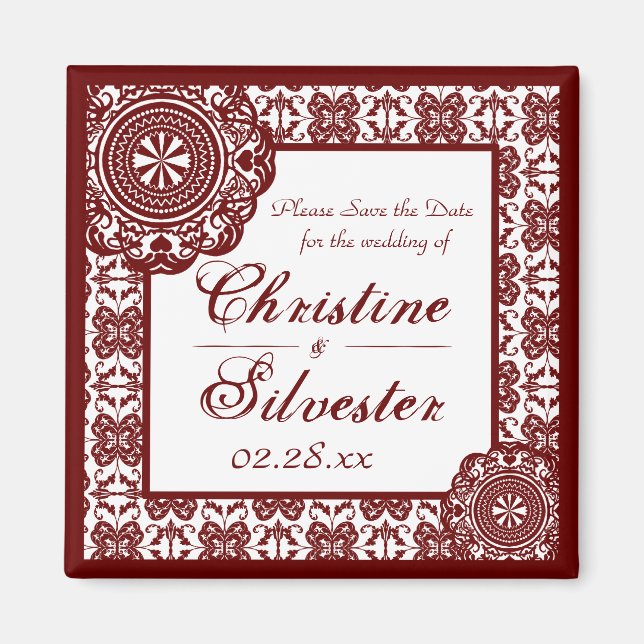 Arabesque-Rot-Lack, Quadrat Save-the-Date Magnet (Vorne)