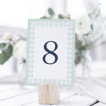 Arabesque-Tischnummer | Mist Tischnummer<br><div class="desc">Moderne marokkanische inspirierte Tischnummern sind geometrisch in hellblau-grün und weiß gehalten und umgeben Ihre Tischnummer in marineblau. Design wiederholt sich auf der Rückseite. Koordiniert mit unserer Arabesque Hochzeitssuite in Mist.</div>