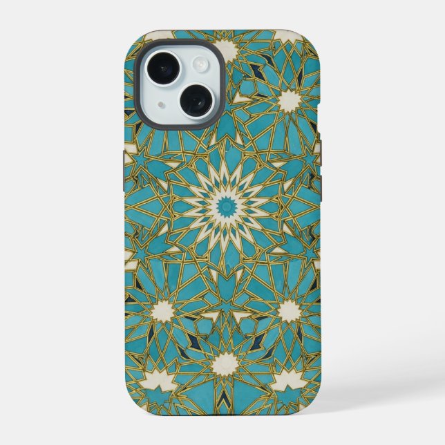 Arabesque Türkis iPhone 15 Hülle (Rückseite)