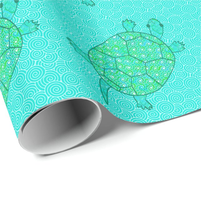 Arabesque, wirbelige Schildkröte - Meeresgrün Geschenkpapier (Rolleneckpunkt)