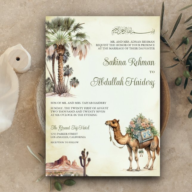 Arabian Palm Wüste Camel QR Code Muslime Hochzeit Einladung (Von Creator hochgeladen)