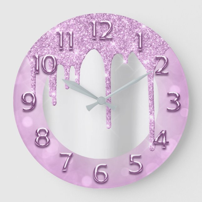 Arabic Numbers Elegant Drips Pink Glitter Grey Große Wanduhr (Vorderseite)