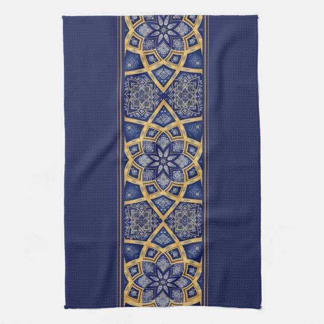 Arabische Blaue Gold-Blumen-Mandala Geschirrtuch (Vertikal)