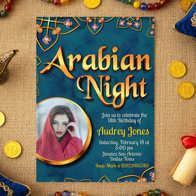 Arabische Nacht mit Foto Türkis Einladung (Arabian Night with Photo Turquoise Invitation)